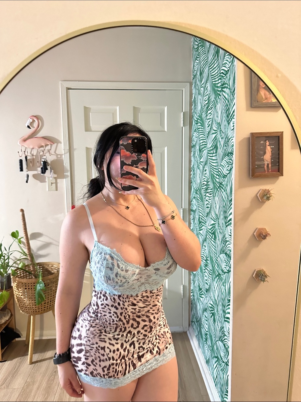Fashion Nova Light Blue Lace & Leopard Slip Mini Dress